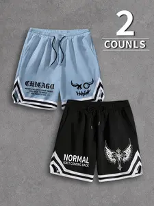 Men's 2-Pack Dark Streetwear Shorts - Chicago Evil Smiley & Winged Cross Print Athletic Shorts, Gothic Punk Streetwear with Striped Hem, Soft Cotton Blend Drawstring Waist Shorts, Perfect for Street Style, Punk Events and Summer Wear, Durable Fade Resista
