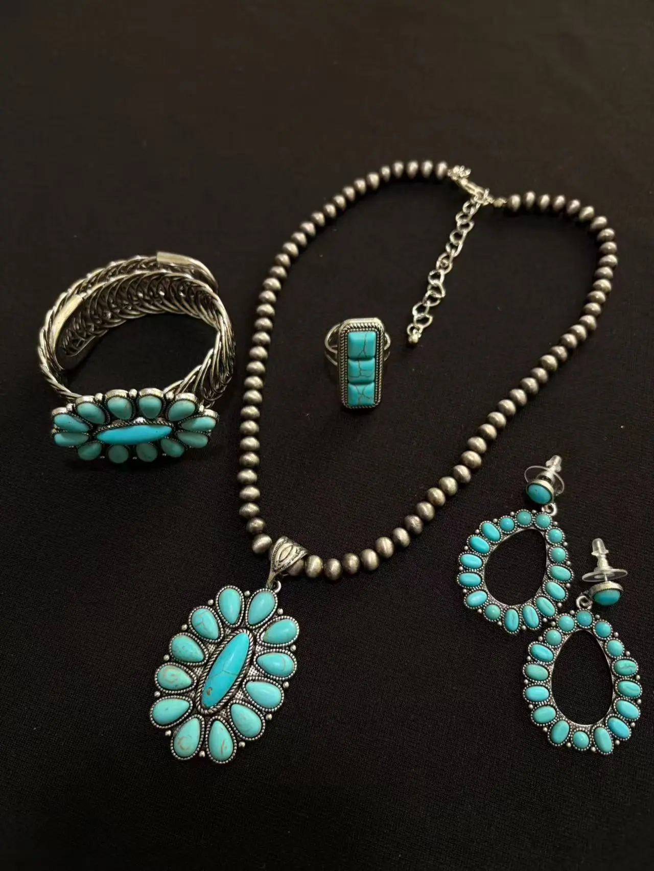Southwestern Turquoise Blossom Jewelry Set with Silver-Infused Alloy - 005