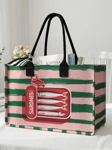 1 piece of sardine can pattern 2D printed large capacity storage bag, Tote Bag, extra large storage bag, sturdy handle, space-saving multi-purpose, suitable for use at school, on business trips, and shopping, Reusable Shopping Bags