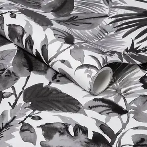 Black White Tropical Leaves Peel and Stick Wallpaper, 198"x20" Removable Self-Adhesive Botanical Wall Covering - for Bedroom, Living Room, Wallpaper for Bedroom