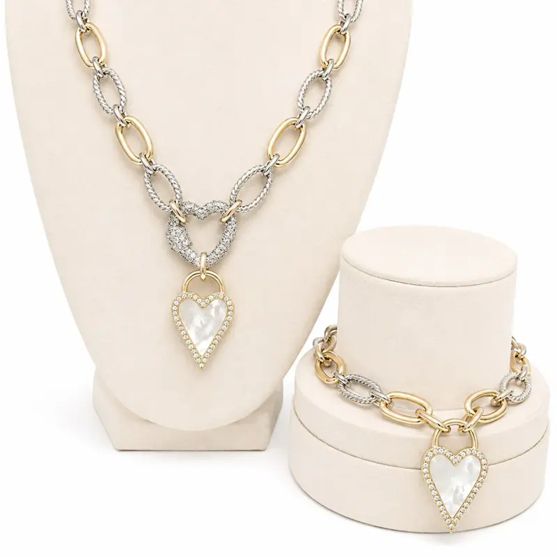 Women’s Mixed Metal Mother-of-Pearl Pave Heart Jewelry Set, Fashion Accessory for Daily Wear