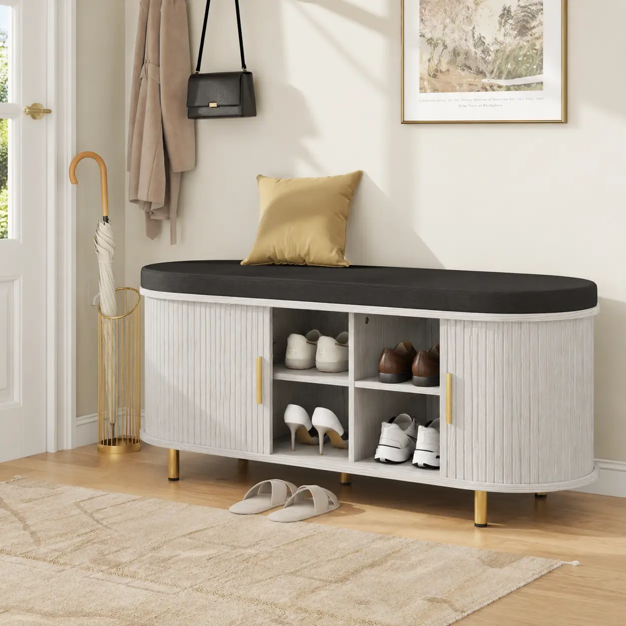 【Sliding Doors】DHH Fluted Shoe Storage Bench with Cushioned Seat and Adjustable Shelves, 35.4/43.3/51.2-Inch Entryway Shoe Cabinet campingessentials, Shoe Storage Organizer, Small Spaces