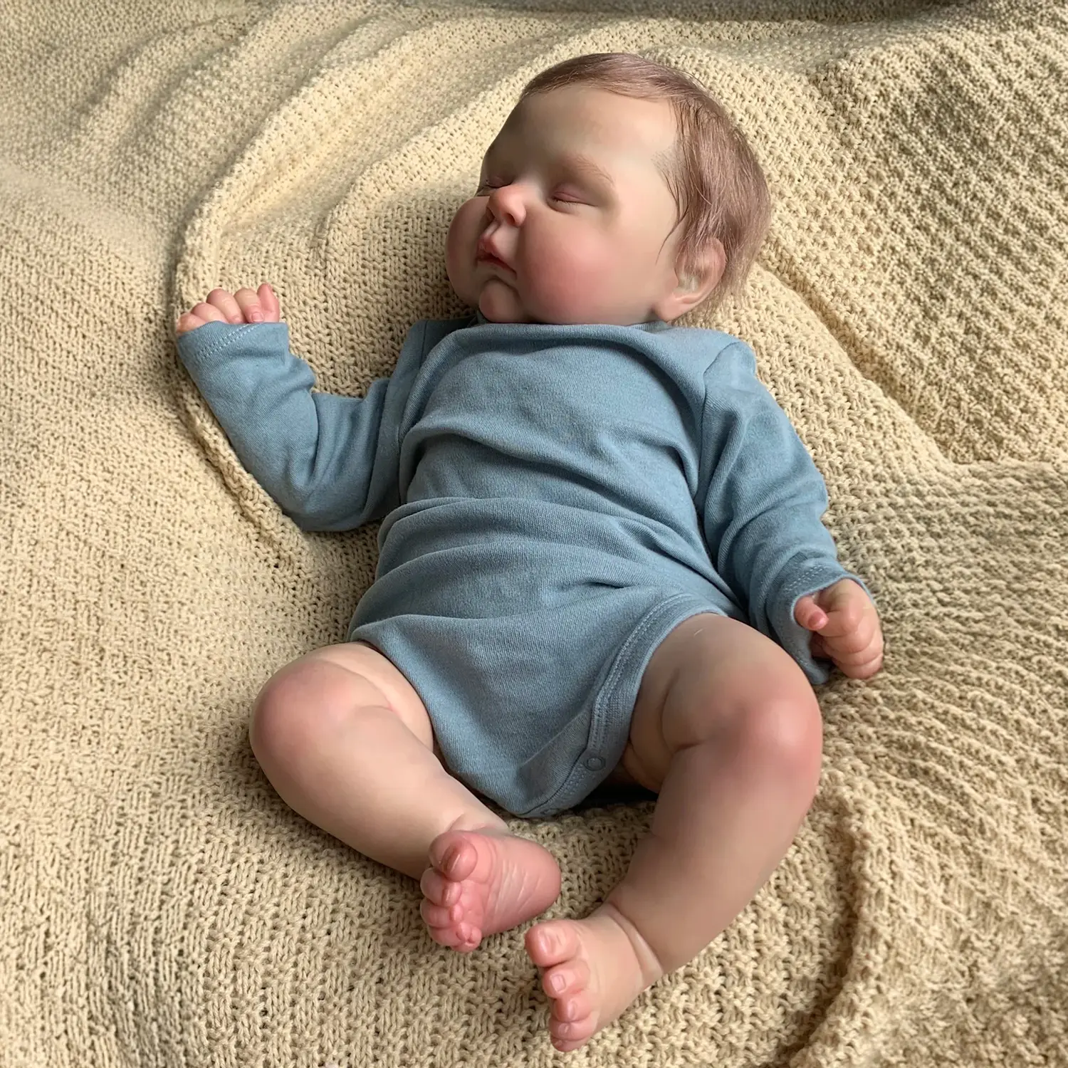 20-Inch Realistic Newborn Reborn Baby Doll, High-Definition 3D Skin, Rooted Brown Hair, Soft Cloth Body, Grey-Blue Onesie & White Pacifier, Realistic Details, Kids’ Gift, Realistic Newborn Baby