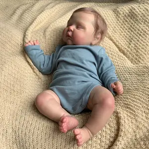 Peaches 20 Inch Reborn Baby Doll with High-Definition 3D Skin Rooted Brown Hair Soft Cloth Body Grey-Blue Onesie & White Pacifier Realistic Details for Kids Gifts