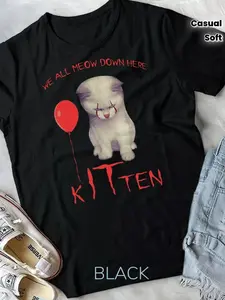 Funny Clown Kitten Graphic T-Shirt - WE ALL MEOW DOWN HERE Design with Red Makeup and Balloon, Casual Soft Black Tee for Cat Lovers and Fun Fashion Enthusiasts