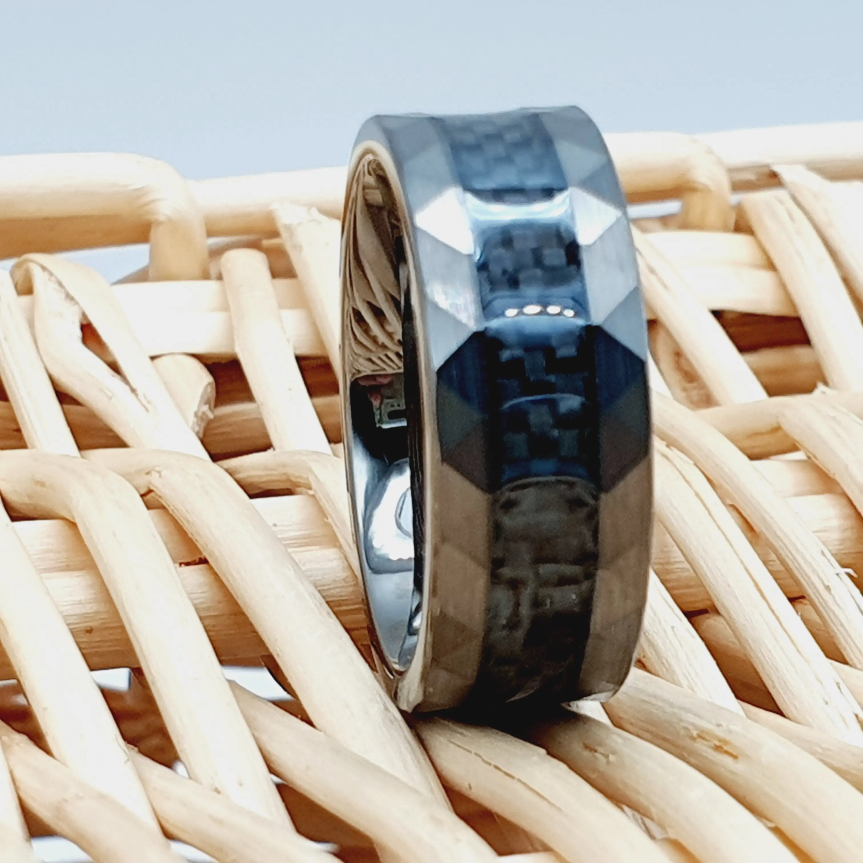 Black Gold Band - Gunmetal Tungsten Ring - Carbon Fiber Wedding Ring - 8mm Wedding Band - Hammered Edges