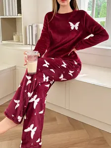 Women's Flannel Butterfly Print Long Sleeve Sleepwear, Sleepwear Pajamas Set, Soft Comfortable Homeewear, Perfect for Relaxing at Home