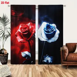 2D Flat 2-Pack Curtains Set with Artistic Red and Blue Roses, Dark Moody Background, Vivid Red & White Roses, Layered Petals, Fiery Red to Smoky Blue Gradient, Dramatic Cool-Warm Tone Contrast, Living Room Bedroom Decorative Blackout Curtains
