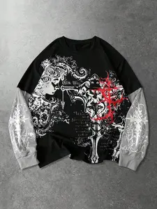 Baroque Skull Print Washed T-Shirt, Fitted Short Sleeve Layered Top, Long, All over Print, Casual Street Style, Spring & Fall Fashion