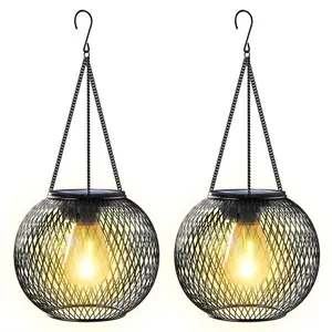 Solar Lantern Outdoor, Upgraded Hanging Lights Outdoor Garden Metal Lanterns Decorative Lighting Powered Waterproof Tree for Yard Patio Pathway, 2 Pack, Black