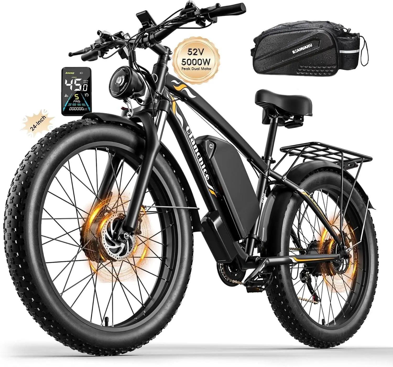 Qianchice Dual Motor Peak 5000W Electric Bike for Adults Men Women 40-45MPH 100 Miles, 52V 32AH Long Range Ebike, Fat Tire 24Inch, Commuter Electric Bicycles Ebike, Hydraulic Disc Brake, 34Ah, 35 Miles Range, Commuting, 7-Speed