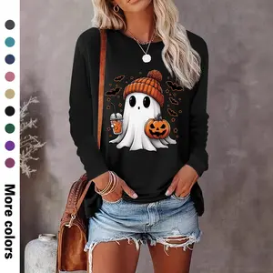 Spook Women's Halloween Pumpkin Print Long Sleeve Round Neck Casual Cute Spooky Fitted Top, Soft Comfortable Fabric T-Shirt