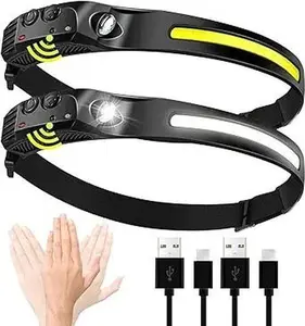 LED Headlamp Rechargeable- 230° COB Super Bright Head Lights for Forehead USB C Headband Flashlight for Work Hiking Running Camping Essentials Gear
