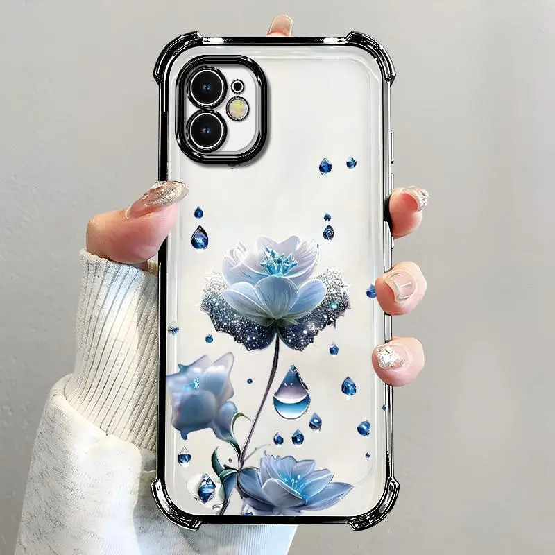 For [iPhone 12] luxury women's phone case🥰, electroplated four-corner shockproof protection, crystal clear blue flower with water drop design, sophisticated and eye-catching666