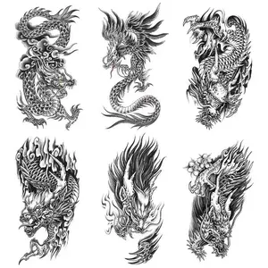 6 pieces of black dragon pattern temporary tattoos (Wen Aimei style) - featuring cloud patterns and dragon heads, suitable for chest and half arms, water-transferable, one-time use, temporary tattoo stickers for men