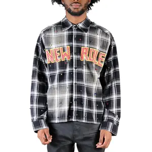 Long Sleeve Washed Flannel Crop Top Button Down Shirt With Rhinestone Embellishments