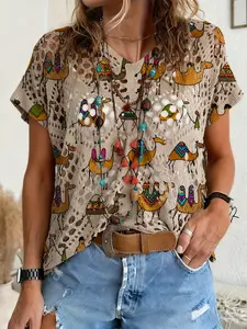 Spring Summer V Neck Hollow Out Batwing Sleeve Knit Top, Cartoon Colorblock Print, Casual Elegant Commuter Wear, Beach Cover-Up