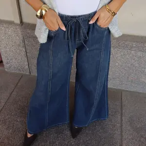 Wide-leg Denim Pants with Drawstring Waist for Comfortable Fit and Stylish Look