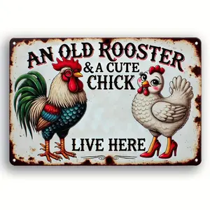 Vintage An Old Rooster & Cute Chick Live Here 12x8 Inch Tin Sign Rustic Farmhouse Wall Decor for Home Kitchen Garden Barn Durable Weather Resistant Metal Art with Pre Drilled Holes Whimsical Animal Design Lightweight Decorative Print Decoration Iron