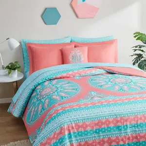 Twin Bed in A Bag 6 count, Boho Mandala Bedding Sets for Girls, Coral Tween Bed Set, Microfiber Comforter Set with Sheet, Matching Decorative Pillow