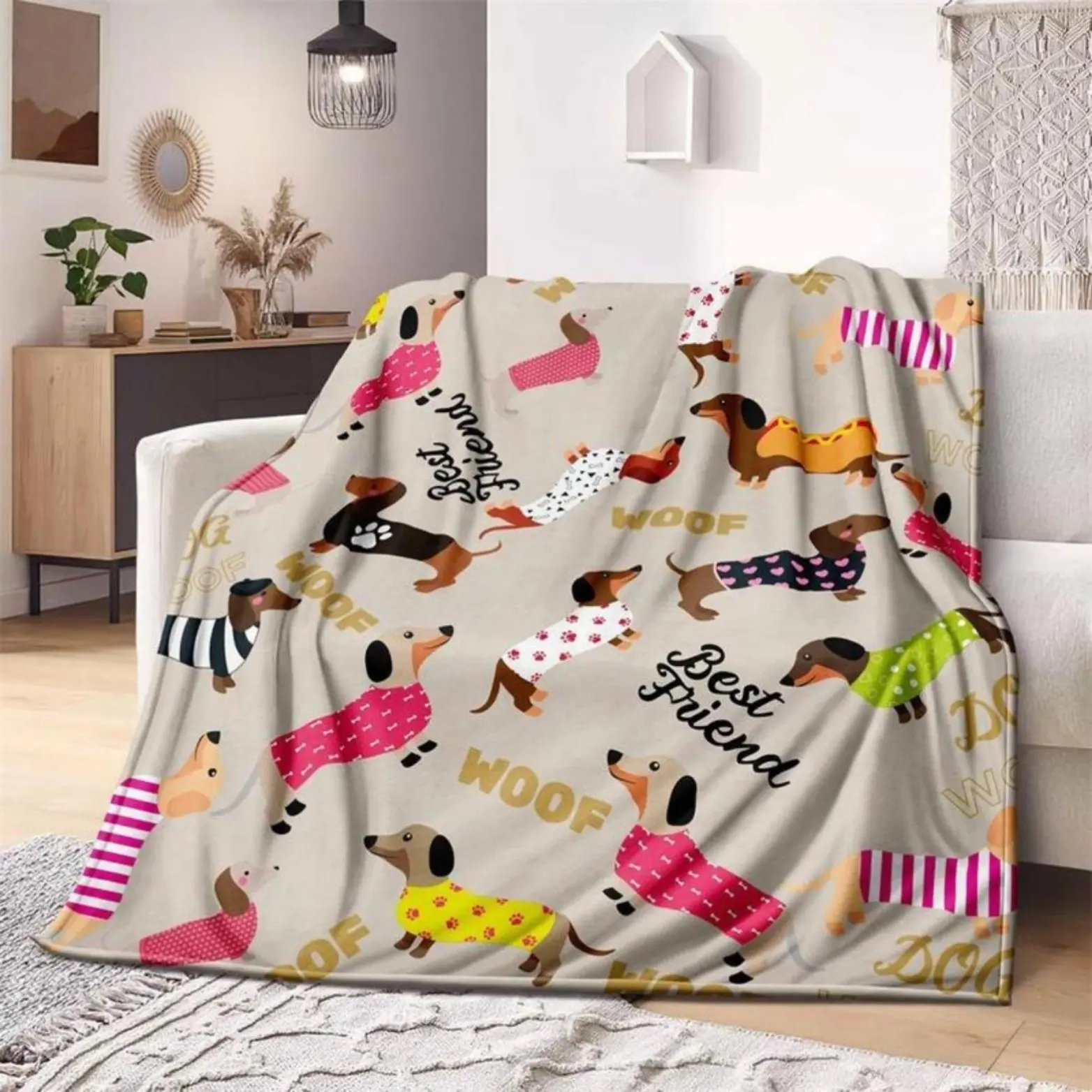 Dachshund Cartoon Pattern Soft Flannel Throw - Animal Blanket, Bed Sofa Blanket, Cozy Pet Home Decor, Ideal Gift for Dog Lovers, Couch Nap Use