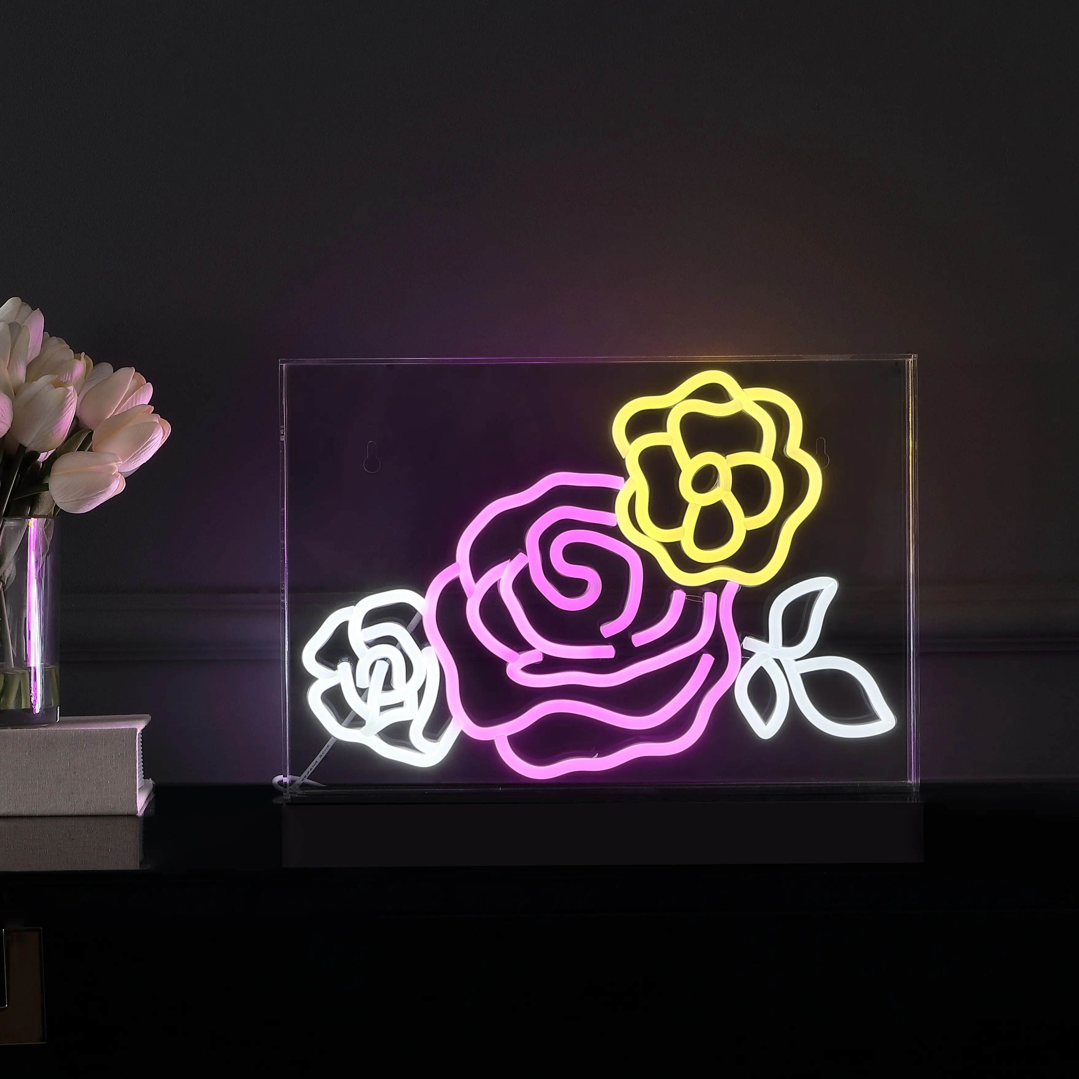 JONATHAN Y Crowd Of Roses Contemporary Glam Acrylic Box USB-Operated LED Lighted Neon Light - Home Improvement Decor for Dorm, Living Room, Led Neon Signs