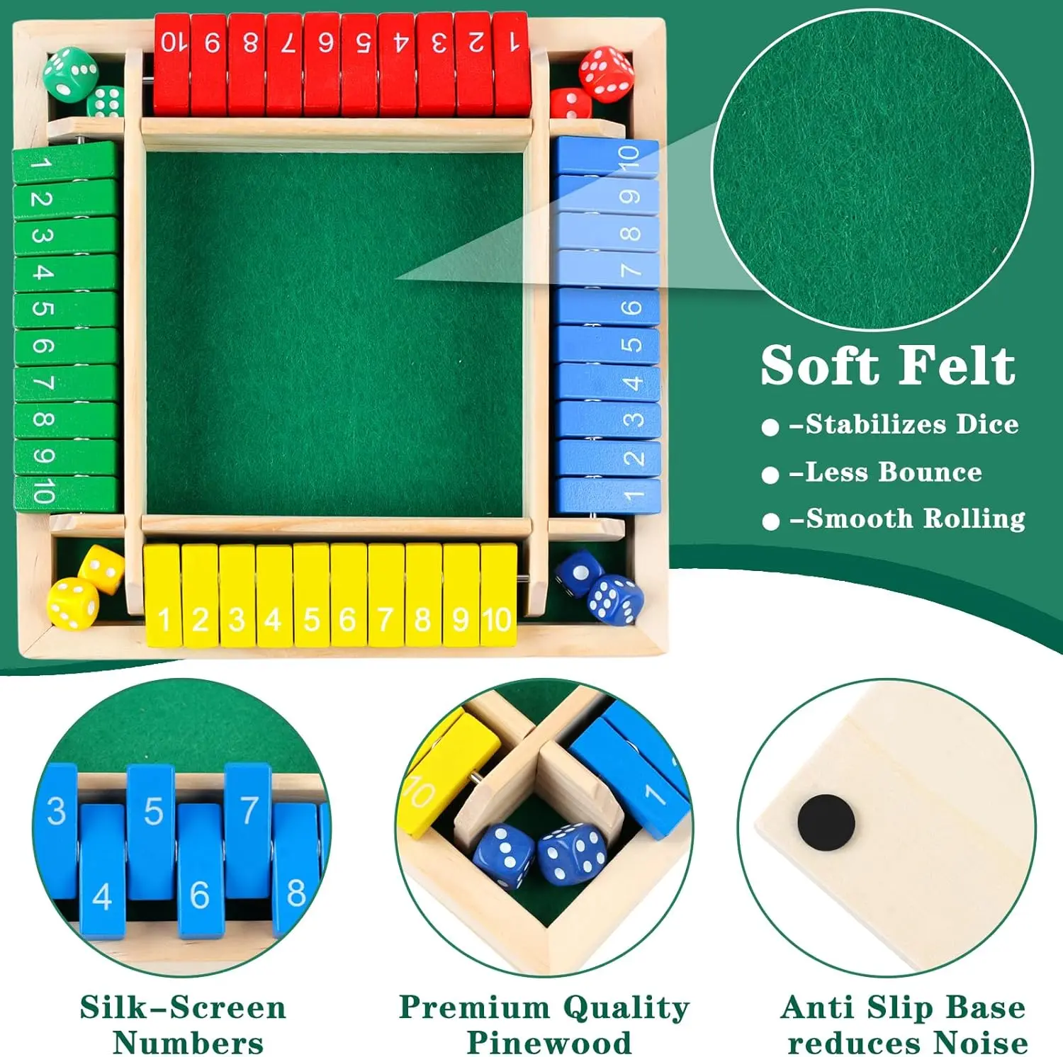 Shut The Box Dice Game 2-4 Players, Wooden Board Table Math Game with 8 Dices, Classic Tabletop Version Family Games for Adults and Kids for Classroom,Home,Party or Pub