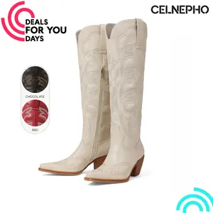 CELNEPHO Cowboy Boots for Women Pointed Toe Western Embroidered Boot Easy Pull on Tabs Knee High Boots Chunky Block Heel Cowgirl Festival Wear Gift for Her Horse Riding Date Country Wedding Dress Shoes Deals For You Days