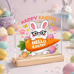 Acrylic Easter Bunny Tabletop Decor with Wooden Base, Cute Rabbit Holding Carrot Sign for Home Office Classroom, Colorful Spring Decoration Gift for Women & Teachers