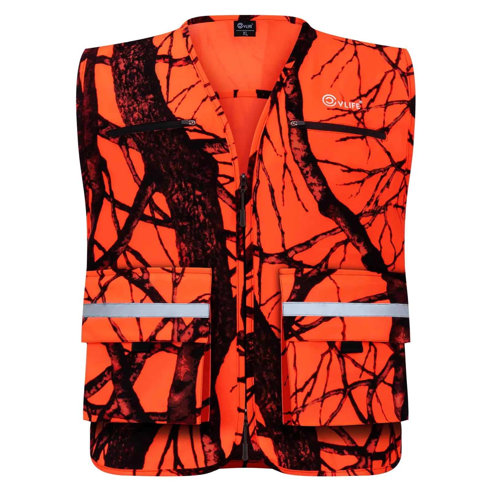 Men's Adjustable Blaze Orange Hi Vis Jacket Vest, Sleeveless Work Safety Vest with Multi Pockets, Zipper, Reflective Strips for Outdoor Adventure, Ample Storage