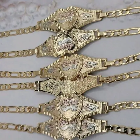 Mama Beautiful bracelet gold-plated three colors figaro style heart 14k PLATED 7"INCHES price for each