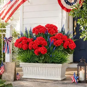Unittype 13 Bundles Patriotic Artificial Flowers for Outdoors 250th Anniversary Red Geranium Flowers with Blue Lavender Green Grass Bushes with Plastic Faux Lavender Plants for Outside Memorial Day