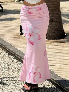 Women's Boho Beach Skirt, Slim-Fitting Floral Print, Elegant Long Skirt for Spring Summer Autumn, Casual Party Wedding Birthday