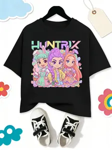 Girls Kpop Demon Hunters Easter Theme Short Sleeve Top, Q Version Bunny Ears Cartoon Print Summer Casual T-Shirt, Outdoor Party Essential