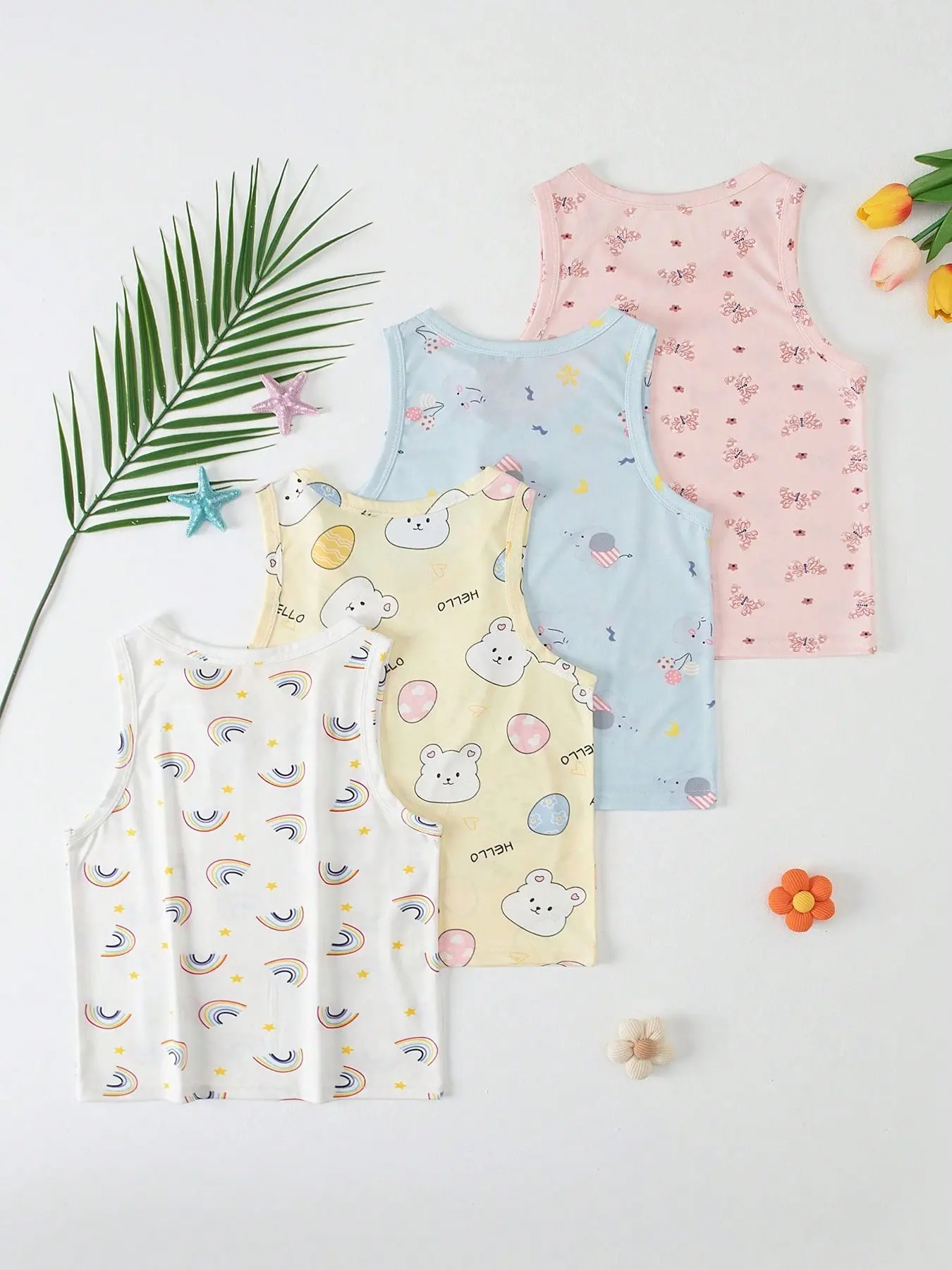 4-Pack Girls' Summer Thin Tank Tops, Cartoon Print Sleeveless Shirts, Cute Kid Underwear Inner & Outer Wear, Ideal for Daily, School, Outdoor Activities, Under Clothing