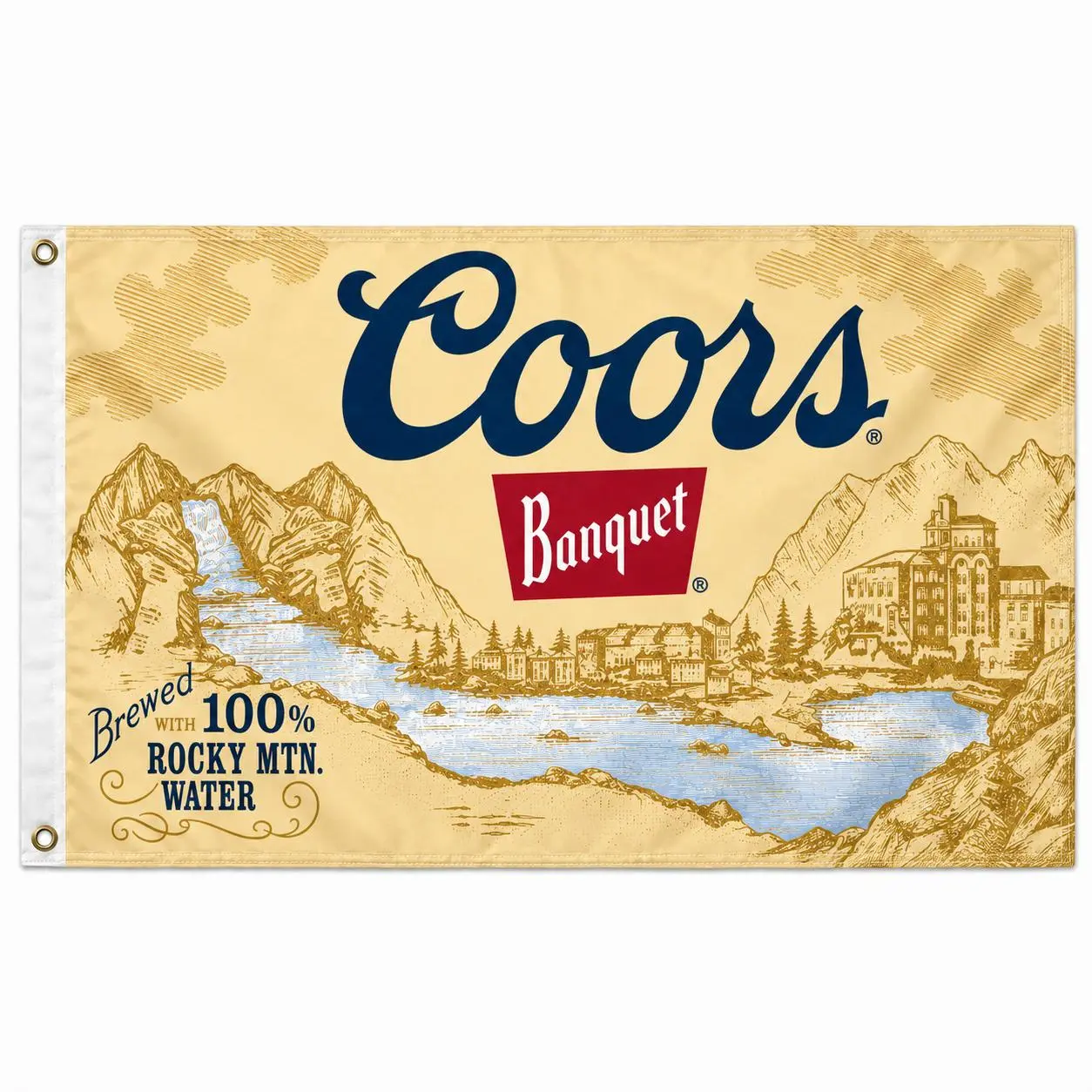 Coors Rocky Mountain Water Flag 3x5 Ft, Vintage Brewery Landscape Beer Banner, Golden Mountain Lake Wall Decor for Garage, Man Cave, Bar, Cabin or Tailgate, Gift for Men, Beer Lovers, Collectors and Outdoor Fans