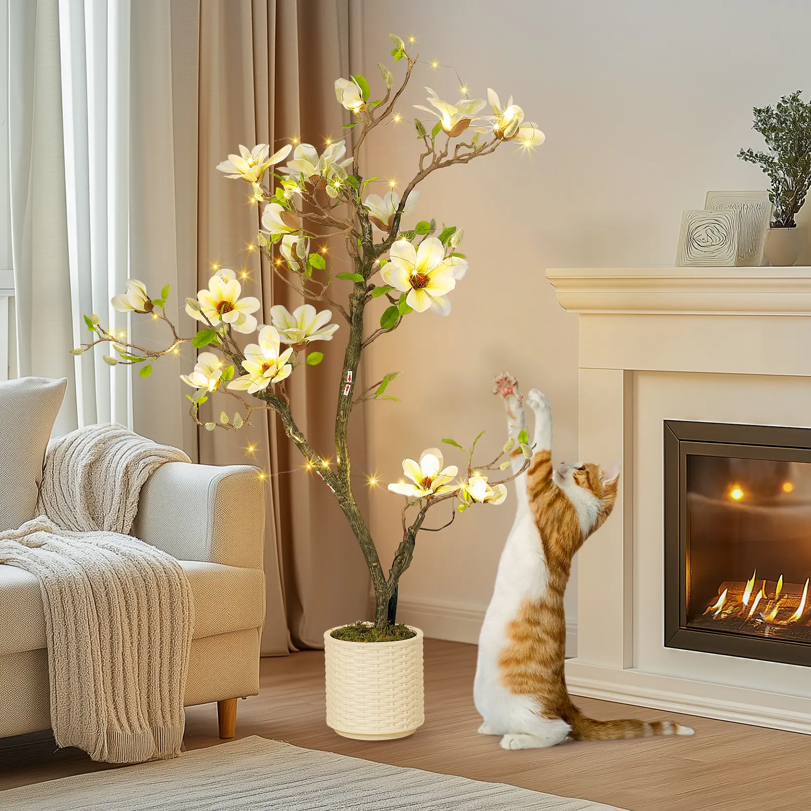 4ft Plastic Artificial Magnolia Tree - Single Unit with Lifelike Blooms, Decorative Fruit, Realistic Design for Indoor Living Rooms, Office Home Decor Ornaments