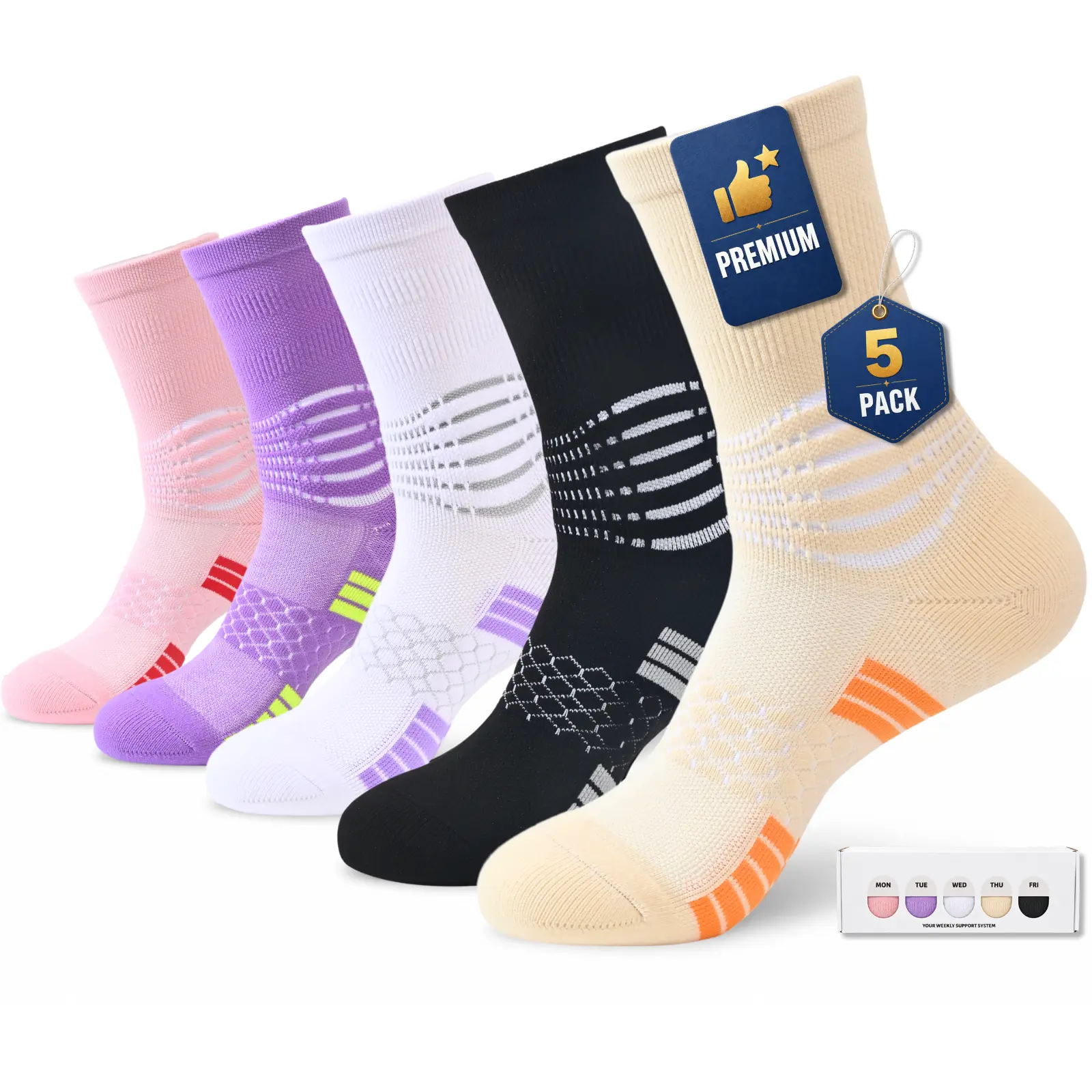 [IRAMY] 5 Pairs Women's Calf-High Knitted Stripe Nylon-Blend Compression Socks with Cushioned Arch-Support for Running, Gym, Breathable Soft Thermal Everyday Use (Fits Men Too)