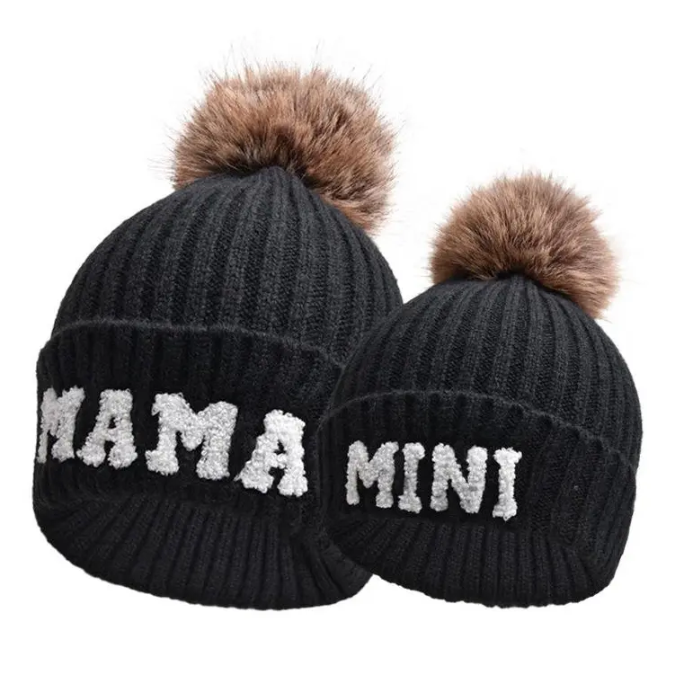 Parent Child Matching Pom Pom Beanie, Embroidered Knit Winter Hat, Warm Ribbed Cuffed Cap for Mom Kids Outdoor Travel, Everyday Wear & Winter Outings