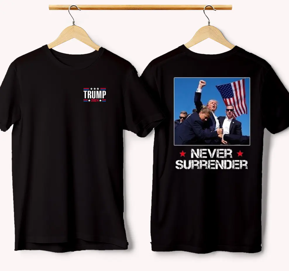 Trum Never Surrender T-shirt, I Stand with Trum Shirt, Praying for Presidet Trum Shirt, Bloodied Trum Fist Pumps, Trum Shirts 2024, Double Sided Graphic Printed Unisex - Classic Cotton Short Sleeve Top for Men - Man Menswear Underwear Tshirt