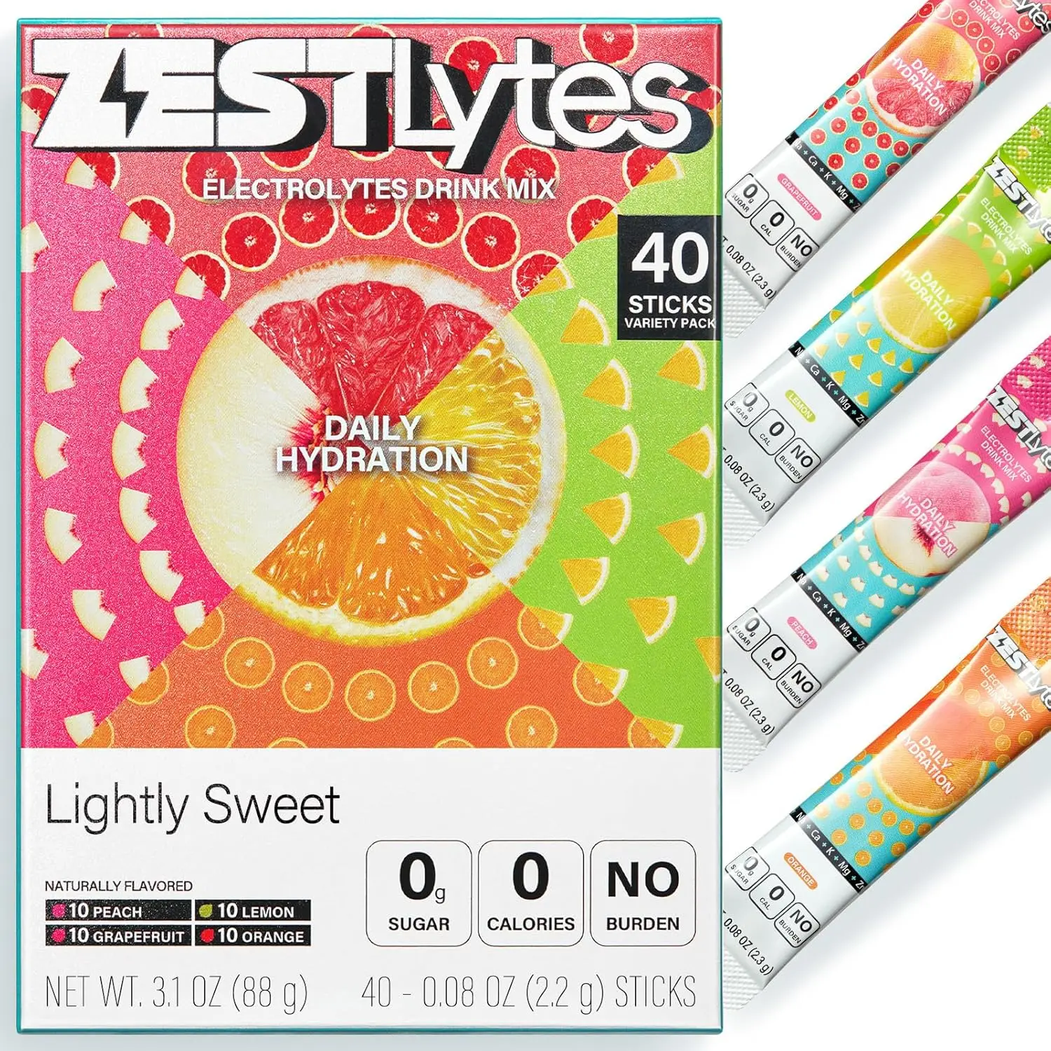 40 Sticks Low Sodium Sugar Free & 0 Calorie Electrolyte Hydration Packets, Lightly Sweet Electrolyte Powder Drink Mix, Liquid Daily IV Flavors  Lemon Orange Peach Grapefruit