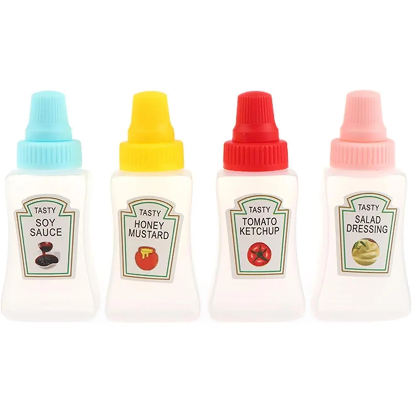 4-Count Lightweight Kitchen Seasoning Utensils Set, Colorful Mini Cute Empty Sauce Dispenser for Ketchup, Mustard, Syrup & Salad Dressing, Portable Small Bento Box Container for Office Workers