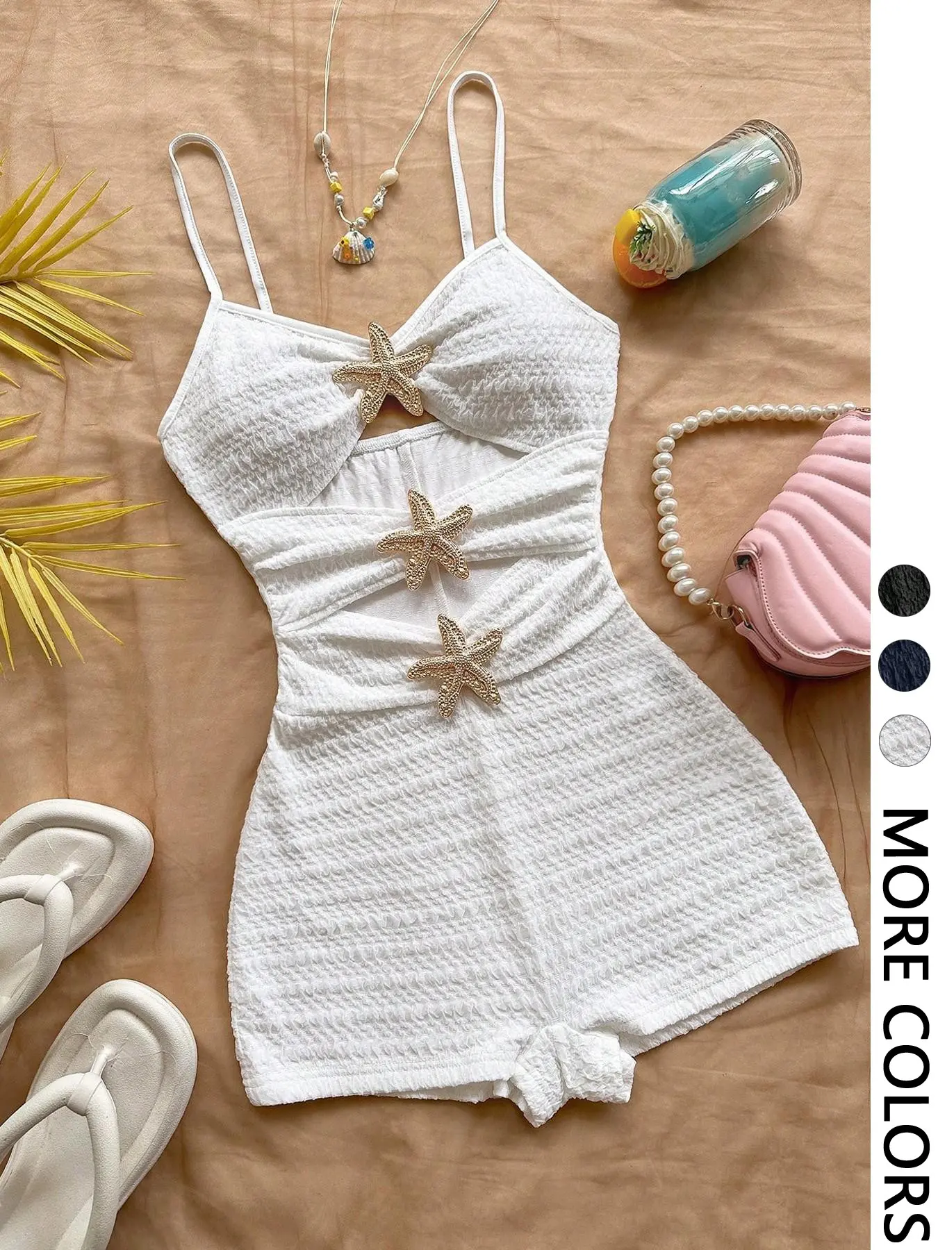 Women's Summer Casual Hollow-Out Starfish Decor Knit Romper Jumpsuits, Feminine Sexy Fitted Spaghetti Straps Textured Sleeveless Solid Playsuit for Beach