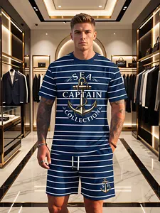 Men's 2 Piece Striped Nautical Outfit, Sea Captain Anchor Print Short Sleeve Crew Neck T-Shirt + Drawstring Shorts Set, Classic Streetwear, Breathable & Stretchy, Ideal for Daily Wear, Beach Trips, Summer Outings, Casual Hangouts, Versatile Summer Essenti
