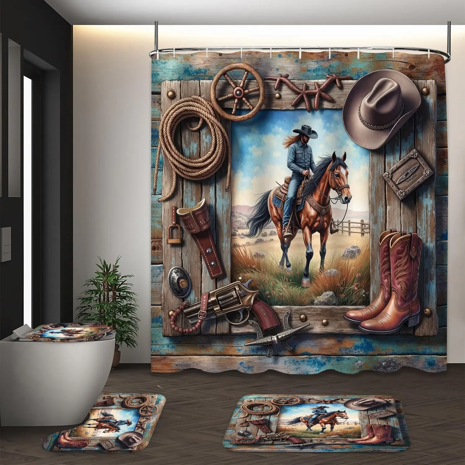 LVRLVR 4Pcs Cowboy Horse Western Gear Print Rustic Western Multi-Color Country Shower Curtain Set Bathroom Decoration Accessories 70.8×70.8 Inch