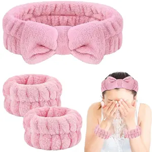 Facial Cleansing Bow Headband Wrist Set, Soft Facial Spa Hair Band Headbands on Forehead Plush Wrist Guard, Prevents Liquid Overflow, Suitable for Men and Women
