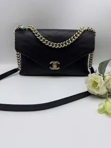 Pre-owned CHANEL Chevron Medium Black Lambskin Bag with Dual Strap & Gold CC Hardware