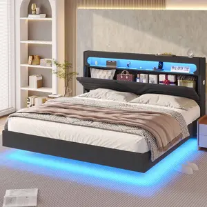 SIKAIC Floating Bed Frame with LED Lights Headboard and Charging Station Linen Upholstered Platform Bed Dark Gray