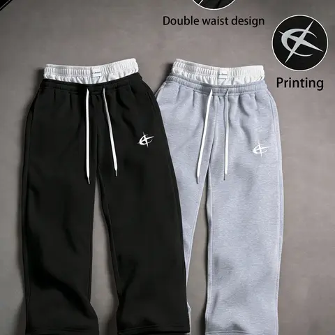 Men's Wide-Leg Drawstring Sweats - H-Type Knitting Baggy Loose Fit Style Pants, 1-3 Packs Unisex Preppy Graphic Color-Block Faux 2-Piece Cotton Bottoms with Double Elastic Waistband, Floor-Length Casual