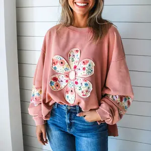 Women's Drop Shoulder Floral Applique Asymmetrical Hem Side Slit Loose Fit Sweatshirt ‌Full Range Size for Regular & Plus Size